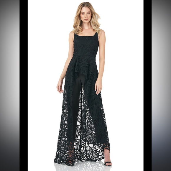 Kay Unger Black Lace Jumpsuit Maxi Romper - Picture 1 of 15
